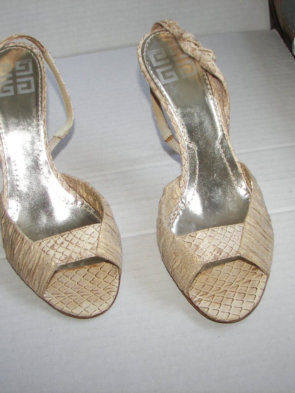 Givenchy beige and gold embossed gold flecked peep-toe cut out heels Size 39